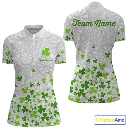 Custom Green Shamrock Pattern White Dartboard Darts Shirts For Women, St Patrick's Day Team Darts Shirts NYN4328