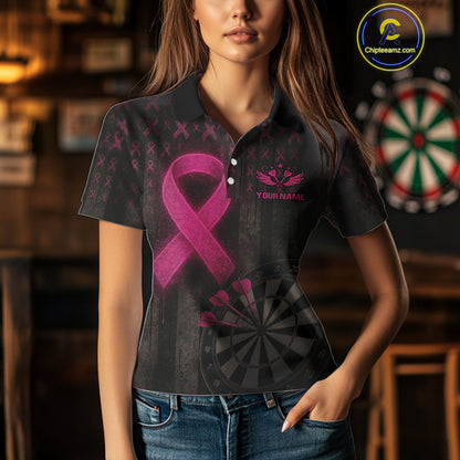 Grunge Pink Ribbon Dartboard Custom Breast Cancer Awareness Darts Polo Shirt For Women NYN1825