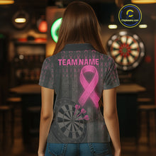 Load image into Gallery viewer, Grunge Pink Ribbon Dartboard Custom Breast Cancer Awareness Darts Polo Shirt For Women NYN1825