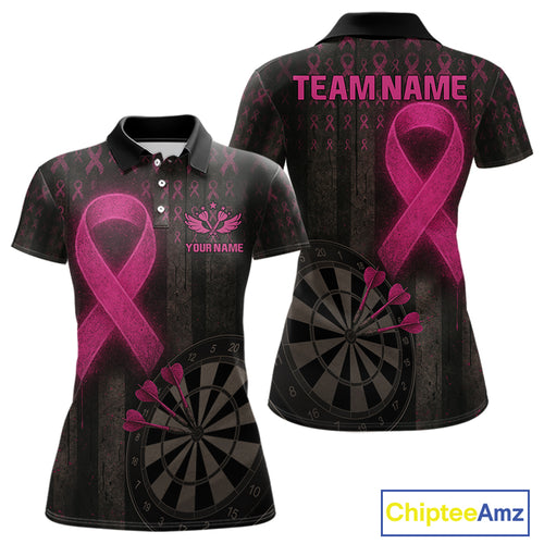 Grunge Pink Ribbon Dartboard Custom Breast Cancer Awareness Darts Polo Shirt For Women NYN1825
