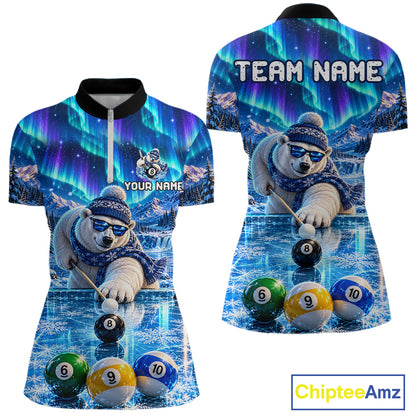 Personalized Polar Bear Billiard Polo 1/4-Zip Shirt For Women Funny Pool Team Billiard Jersey NYN5086