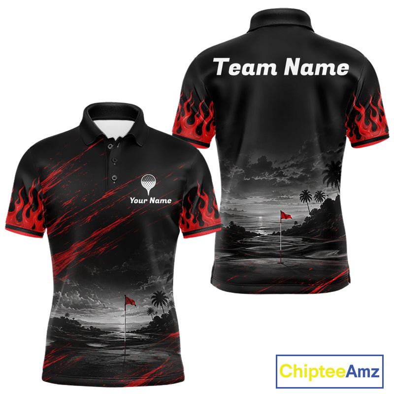 Personalized Golf Polo Shirts For Men, Custom Name Red Fire Flame Golf Course Shirt Golf Jersey NYN4332