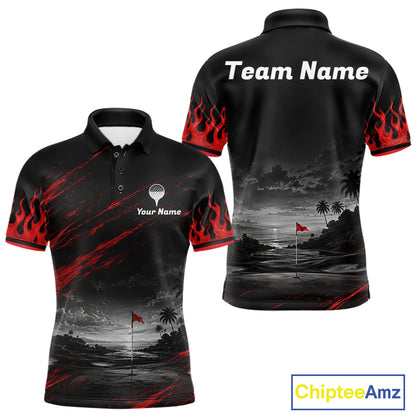Personalized Golf Polo Shirts For Men, Custom Name Red Fire Flame Golf Course Shirt Golf Jersey NYN4332