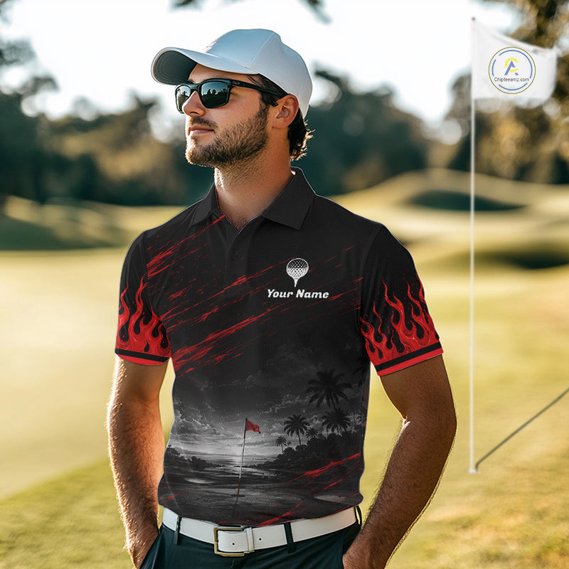 Personalized Golf Polo Shirts For Men, Custom Name Red Fire Flame Golf Course Shirt Golf Jersey NYN4332