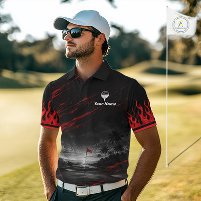 Personalized Golf Polo Shirts For Men, Custom Name Red Fire Flame Golf Course Shirt Golf Jersey NYN4332