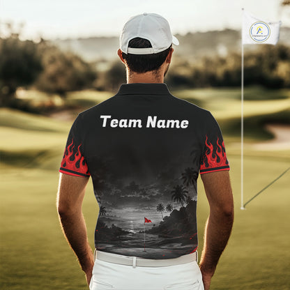 Personalized Golf Polo Shirts For Men, Custom Name Red Fire Flame Golf Course Shirt Golf Jersey NYN4332