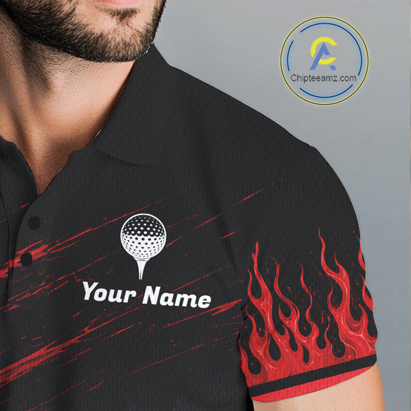 Personalized Golf Polo Shirts For Men, Custom Name Red Fire Flame Golf Course Shirt Golf Jersey NYN4332