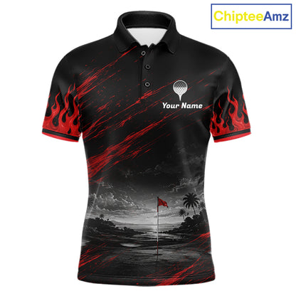 Personalized Golf Polo Shirts For Men, Custom Name Red Fire Flame Golf Course Shirt Golf Jersey NYN4332
