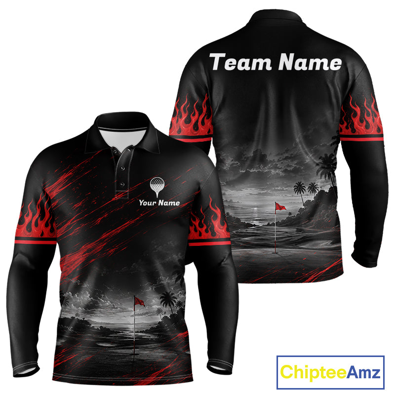 Personalized Golf Polo Shirts For Men, Custom Name Red Fire Flame Golf Course Shirt Golf Jersey NYN4332