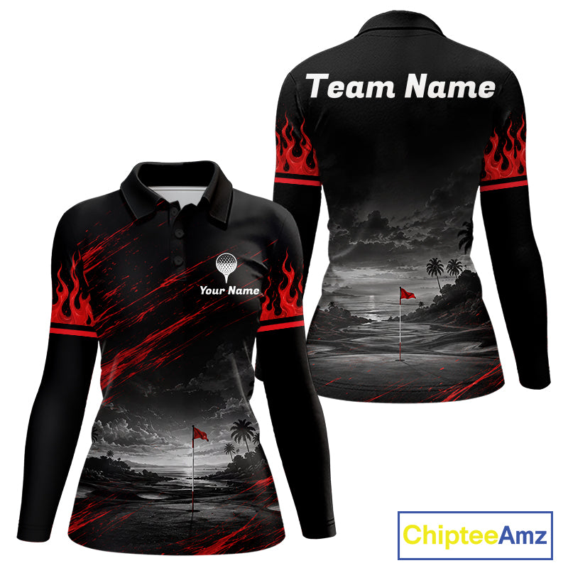 Personalized Golf Polo Shirts For Women, Custom Name Red Fire Flame Golf Course Shirt Golf Jersey NYN4332
