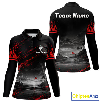 Personalized Golf Polo Shirts For Women, Custom Name Red Fire Flame Golf Course Shirt Golf Jersey NYN4332