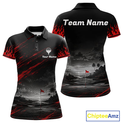 Personalized Golf Polo Shirts For Women, Custom Name Red Fire Flame Golf Course Shirt Golf Jersey NYN4332