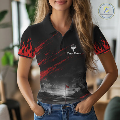 Personalized Golf Polo Shirts For Women, Custom Name Red Fire Flame Golf Course Shirt Golf Jersey NYN4332