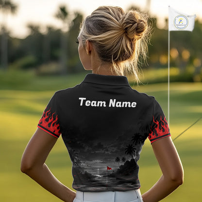 Personalized Golf Polo Shirts For Women, Custom Name Red Fire Flame Golf Course Shirt Golf Jersey NYN4332