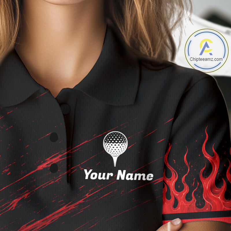 Personalized Golf Polo Shirts For Women, Custom Name Red Fire Flame Golf Course Shirt Golf Jersey NYN4332