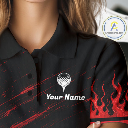 Personalized Golf Polo Shirts For Women, Custom Name Red Fire Flame Golf Course Shirt Golf Jersey NYN4332