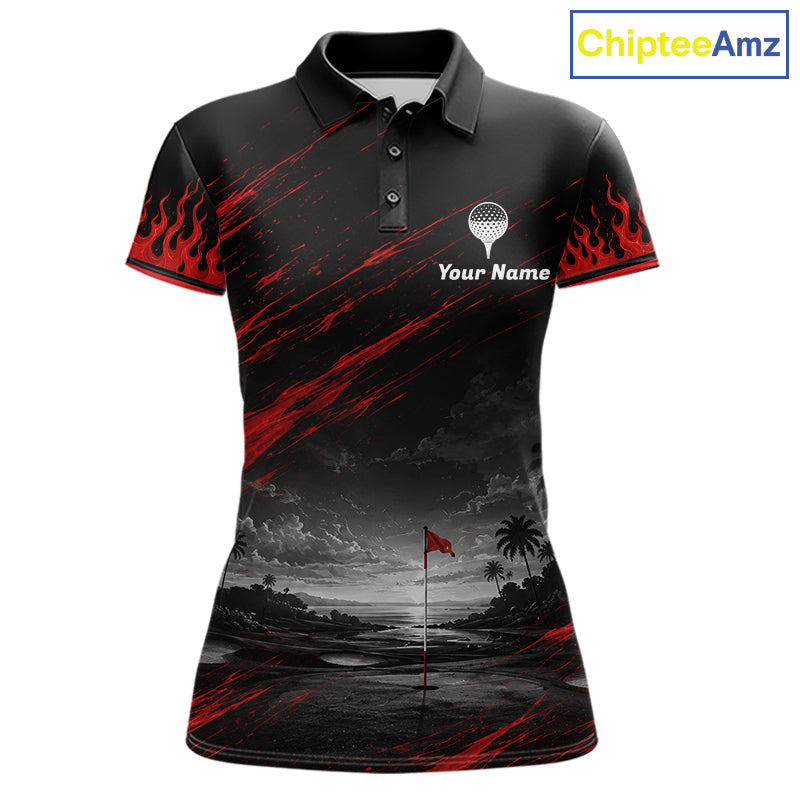 Personalized Golf Polo Shirts For Women, Custom Name Red Fire Flame Golf Course Shirt Golf Jersey NYN4332