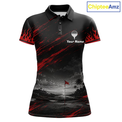 Personalized Golf Polo Shirts For Women, Custom Name Red Fire Flame Golf Course Shirt Golf Jersey NYN4332