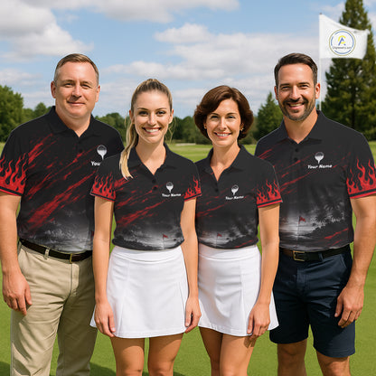 Personalized Golf Polo Shirts For Men, Custom Name Red Fire Flame Golf Course Shirt Golf Jersey NYN4332