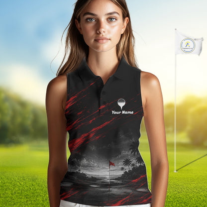 Personalized Golf Sleeveless Polo Shirts For Women, Custom Name Red Fire Flame Golf Course Shirt Golf Jersey NYN4332