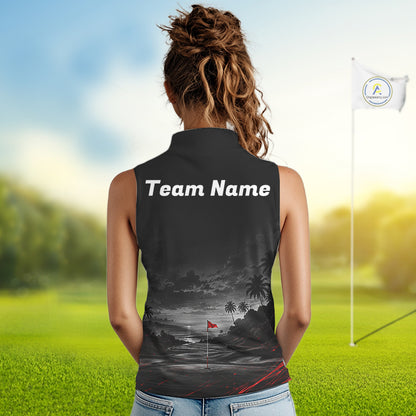 Personalized Golf Sleeveless Polo Shirts For Women, Custom Name Red Fire Flame Golf Course Shirt Golf Jersey NYN4332