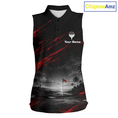 Personalized Golf Sleeveless Polo Shirts For Women, Custom Name Red Fire Flame Golf Course Shirt Golf Jersey NYN4332