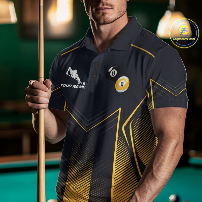 Male billiard player wearing Yin Yang pool jersey during championship match, premium billiard apparel for strategic players, martial arts fans and tournament competitors, symbolizing balance, discipline and competitive excellence.