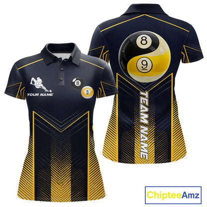 Women's billiard polo with vibrant yellow strike effects, Yin Yang artwork and billiard balls, custom pool apparel for APA leagues, Zen lifestyle enthusiasts and tournament players