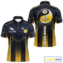 Load image into Gallery viewer, Men's billiard polo featuring yellow lightning, Yin Yang artwork with 8 ball and 9 ball graphics, personalized pool apparel for APA leagues, Zen lifestyle enthusiasts and tournament players, symbolizing balance, focus and precision.