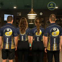 Load image into Gallery viewer, Men women pool team wearing matching Yin Yang billiard jerseys for league championships, representing teamwork, balance, discipline and competitive excellence.