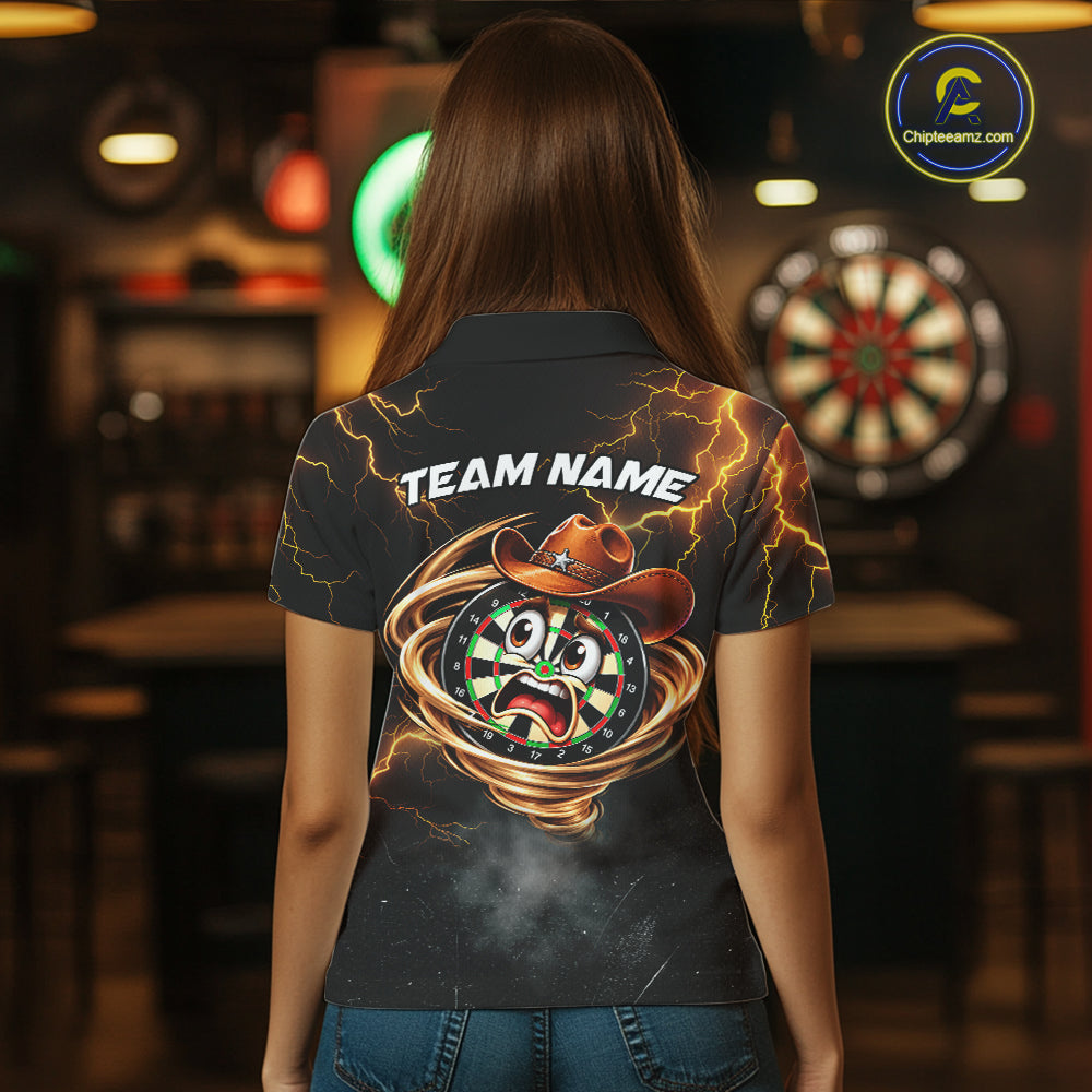 Funny Tornado Darts Polo 1/4-Zip For Women Cowboy Darts Team Jersey Yellow Thunder Darts Tournament Shirt NYN4704
