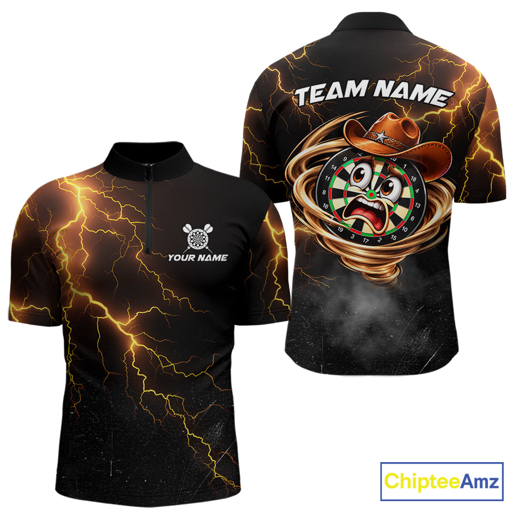 Funny Tornado Darts Polo 1/4-Zip For Men Cowboy Darts Team Jersey Yellow Thunder Darts Tournament Shirt NYN4704