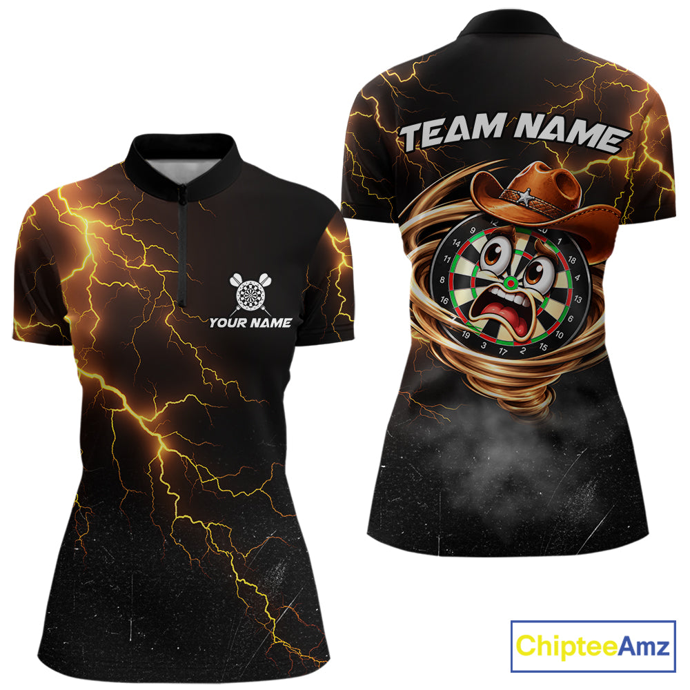 Funny Tornado Darts Polo 1/4-Zip For Women Cowboy Darts Team Jersey Yellow Thunder Darts Tournament Shirt NYN4704