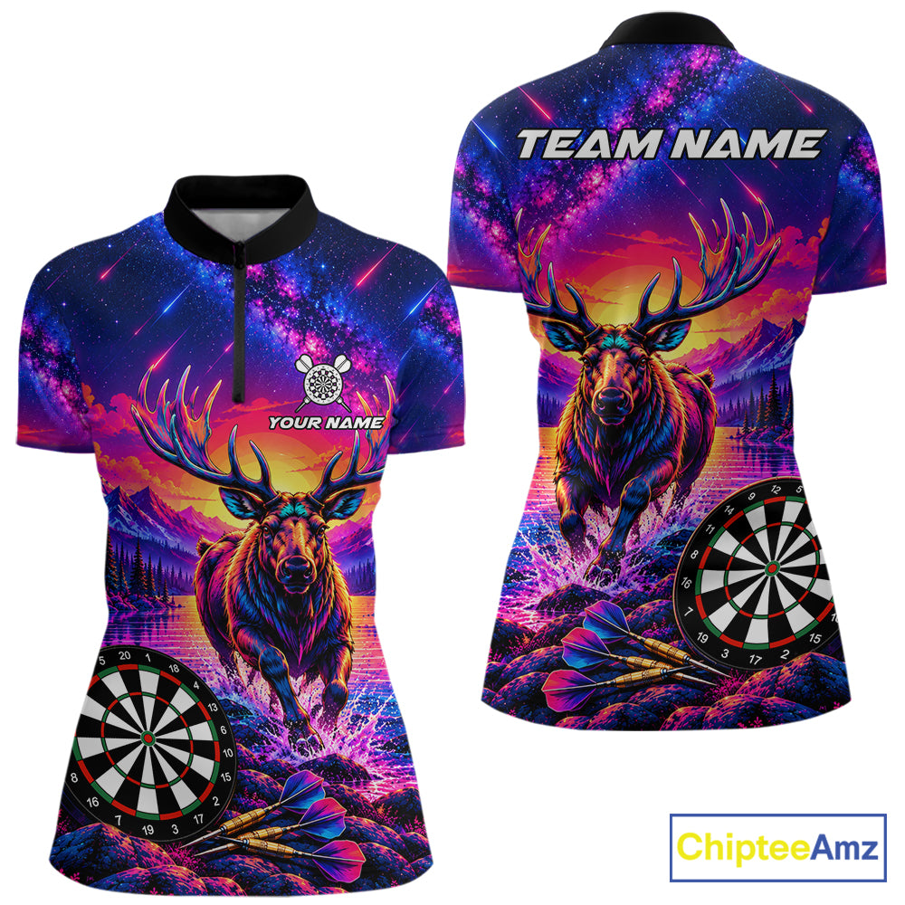 Neon Deer Dart Shirt For Women Colorful Galaxy Dartboard Deer Darts League Shirt Dart Team Jersey NYN4710