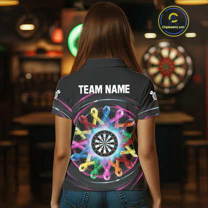 Multicolor Ribbon Circle Dartboard Custom Breast Cancer Awareness Darts Women Polo Shirt NYN1831