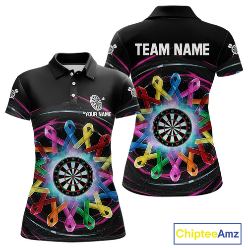 Multicolor Ribbon Circle Dartboard Custom Breast Cancer Awareness Darts Women Polo Shirt NYN1831