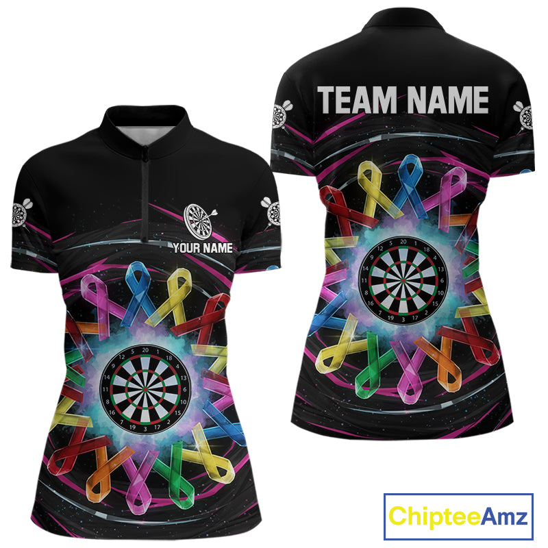 Multicolor Ribbon Circle Dartboard Custom Breast Cancer Awareness Darts Women Quarter-Zip Shirt NYN1831