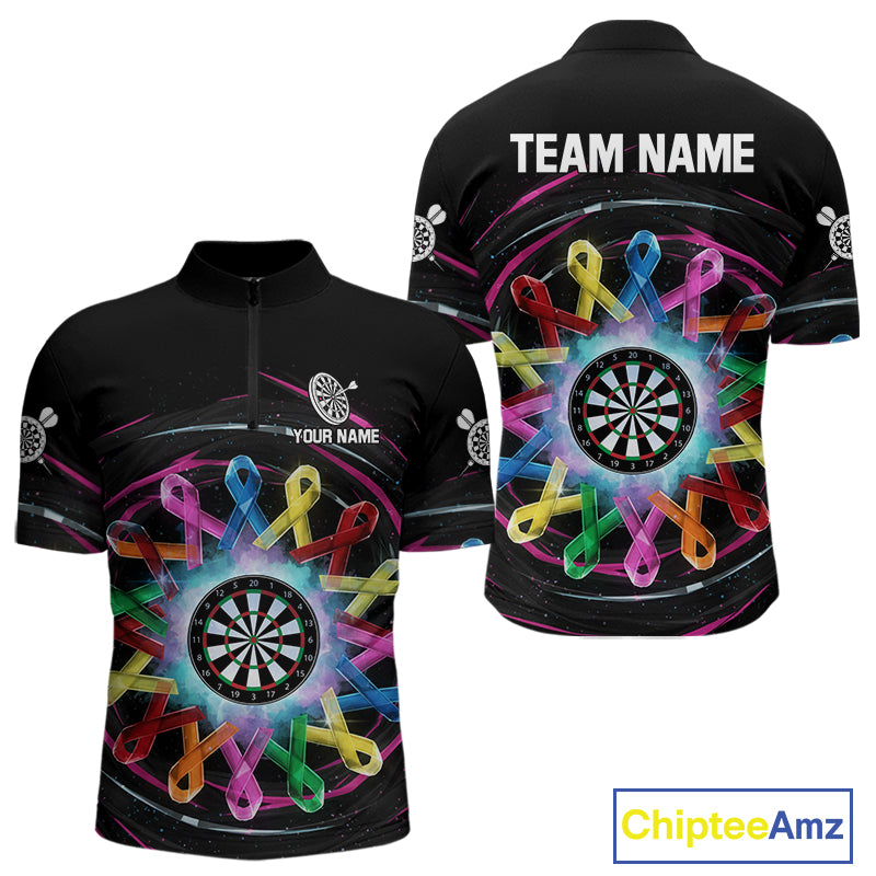 Multicolor Ribbon Circle Dartboard Custom Breast Cancer Awareness Darts Men Quarter-Zip Shirt NYN1831
