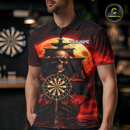 Custom Pirate Skull Darts Polo 1/4-Zip Shirt Red Moon & Ghost Ship Darts Team Apparel For Men NYN5103