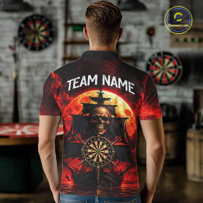 Custom Pirate Skull Darts Polo 1/4-Zip Shirt Red Moon & Ghost Ship Darts Team Apparel For Men NYN5103
