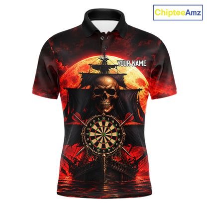 Custom Pirate Skull Darts Polo 1/4-Zip Shirt Red Moon & Ghost Ship Darts Team Apparel For Men NYN5103