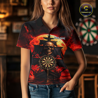 Custom Pirate Skull Darts Polo 1/4-Zip Shirt Red Moon & Ghost Ship Darts Team Apparel For Women NYN5103