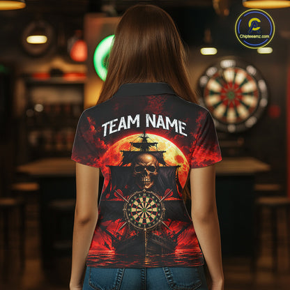 Custom Pirate Skull Darts Polo 1/4-Zip Shirt Red Moon & Ghost Ship Darts Team Apparel For Women NYN5103