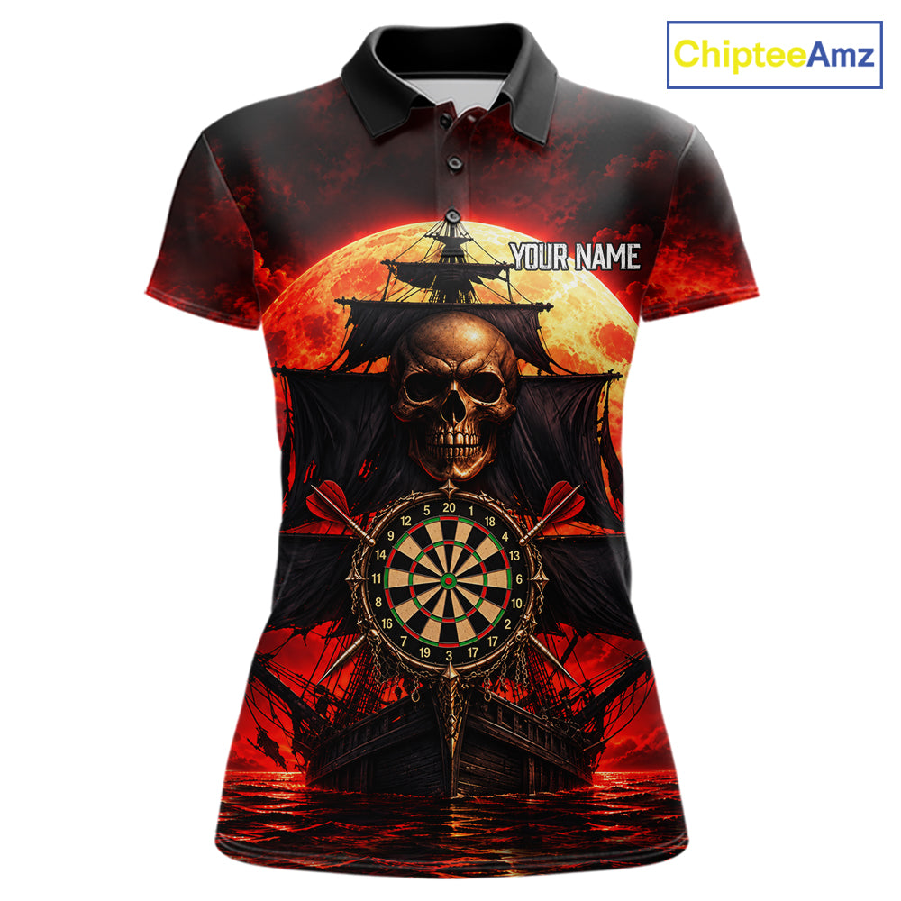 Custom Pirate Skull Darts Polo 1/4-Zip Shirt Red Moon & Ghost Ship Darts Team Apparel For Women NYN5103