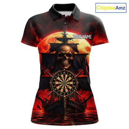 Custom Pirate Skull Darts Polo 1/4-Zip Shirt Red Moon & Ghost Ship Darts Team Apparel For Women NYN5103