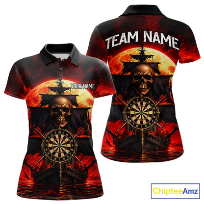 Custom Pirate Skull Darts Polo 1/4-Zip Shirt Red Moon & Ghost Ship Darts Team Apparel For Women NYN5103