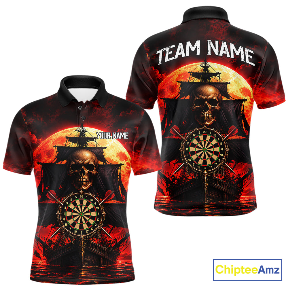 Custom Pirate Skull Darts Polo 1/4-Zip Shirt Red Moon & Ghost Ship Darts Team Apparel For Men NYN5103