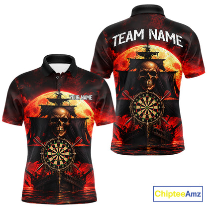 Custom Pirate Skull Darts Polo 1/4-Zip Shirt Red Moon & Ghost Ship Darts Team Apparel For Men NYN5103