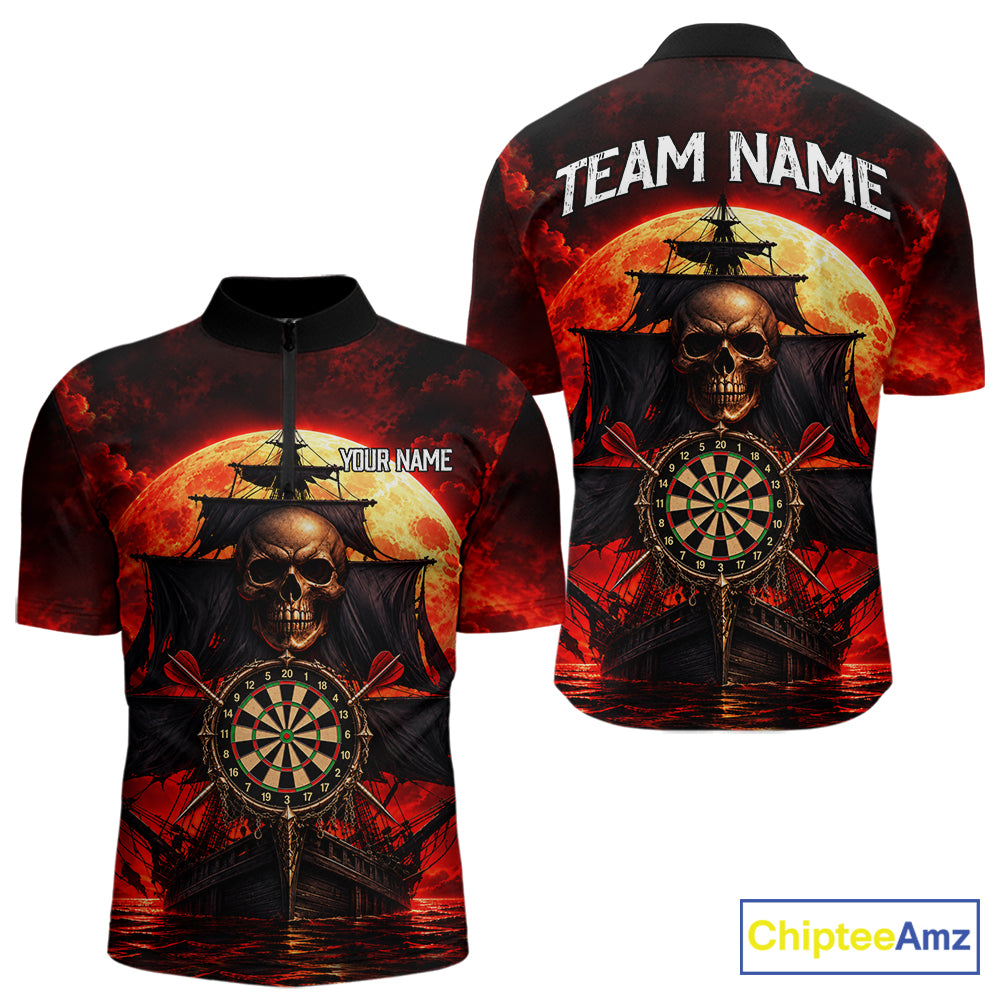 Custom Pirate Skull Darts Polo 1/4-Zip Shirt Red Moon & Ghost Ship Darts Team Apparel For Men NYN5103