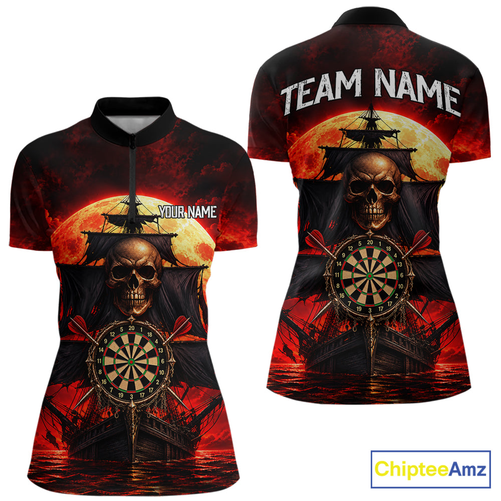 Custom Pirate Skull Darts Polo 1/4-Zip Shirt Red Moon & Ghost Ship Darts Team Apparel For Women NYN5103